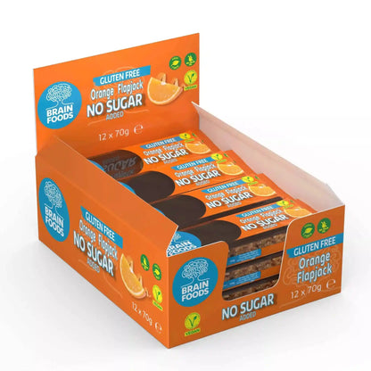 Box veganer Oranger Flapjack 70g Brain Foods 12 Stück